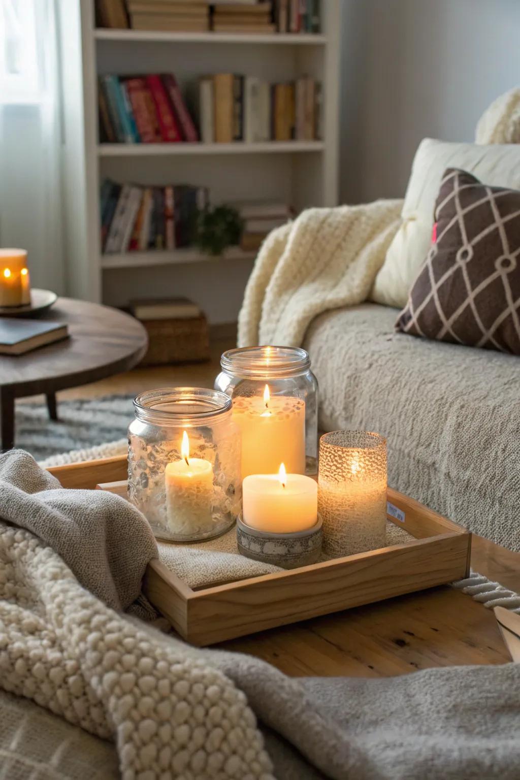 Glass receptacles brimming with radiant strands fashion a snug atmosphere.