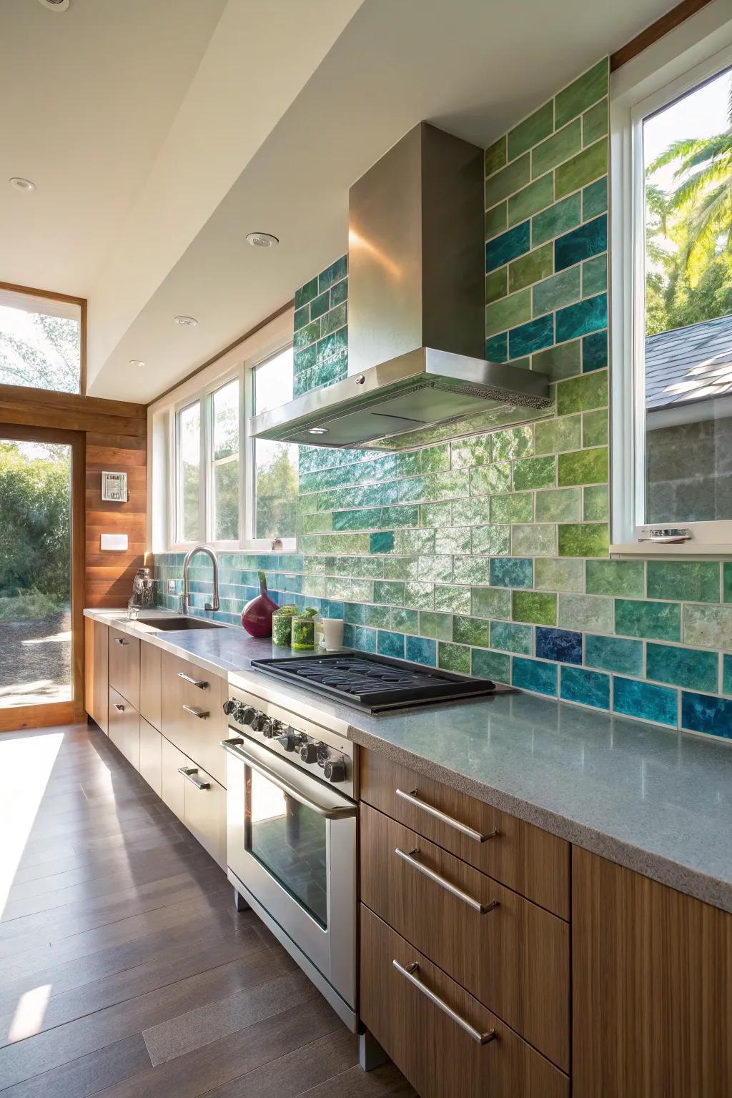 A colorful glass tile backsplash infuses character into any kitchen.