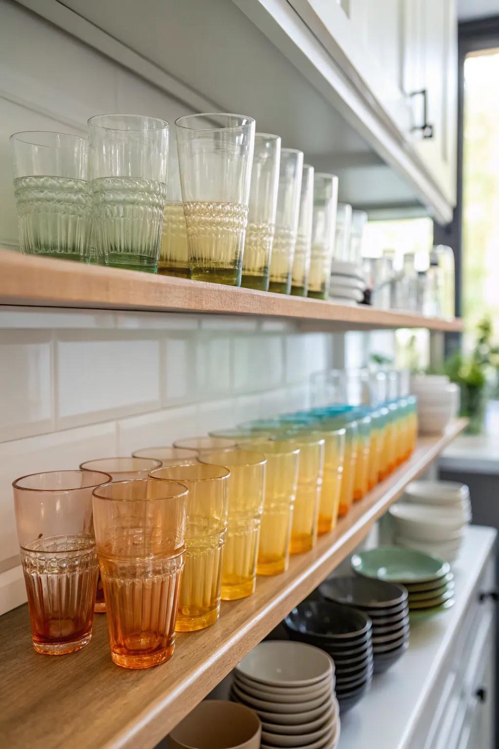 A mesmerizing color spectrum of glassware gracing a kitchen shelf.