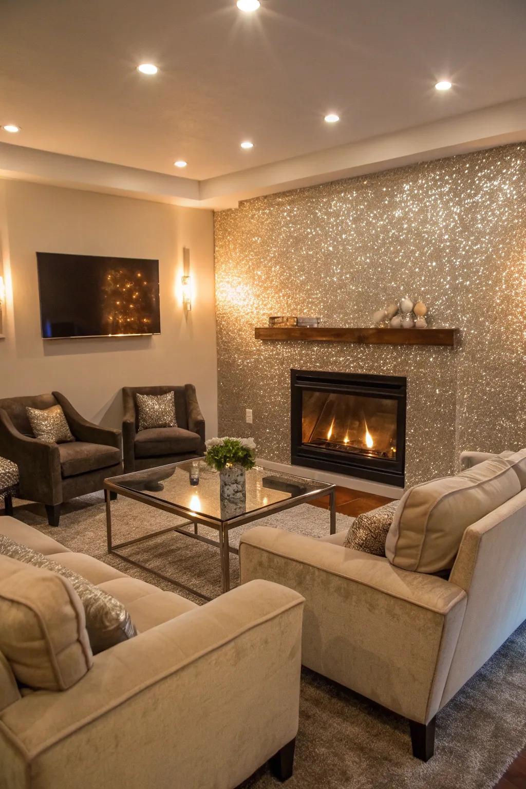 A glitter accent wall elevates the refinement of a living area.