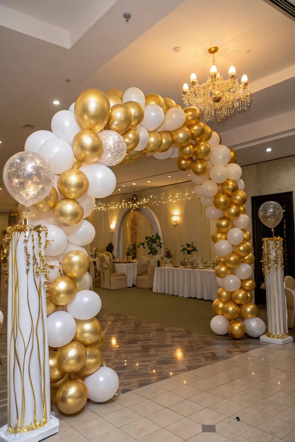 A superb gold balloon gateway serves as an impeccable introduction to a birthday festivity.