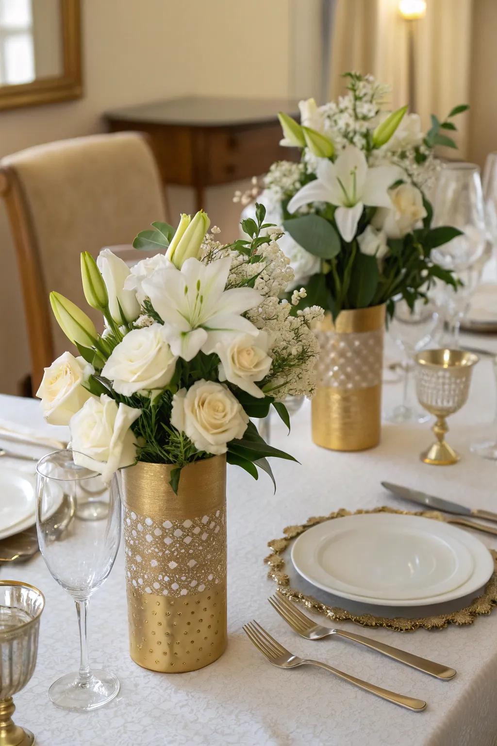 Ageless sophistication crafted by combining golden jugs and white florals.
