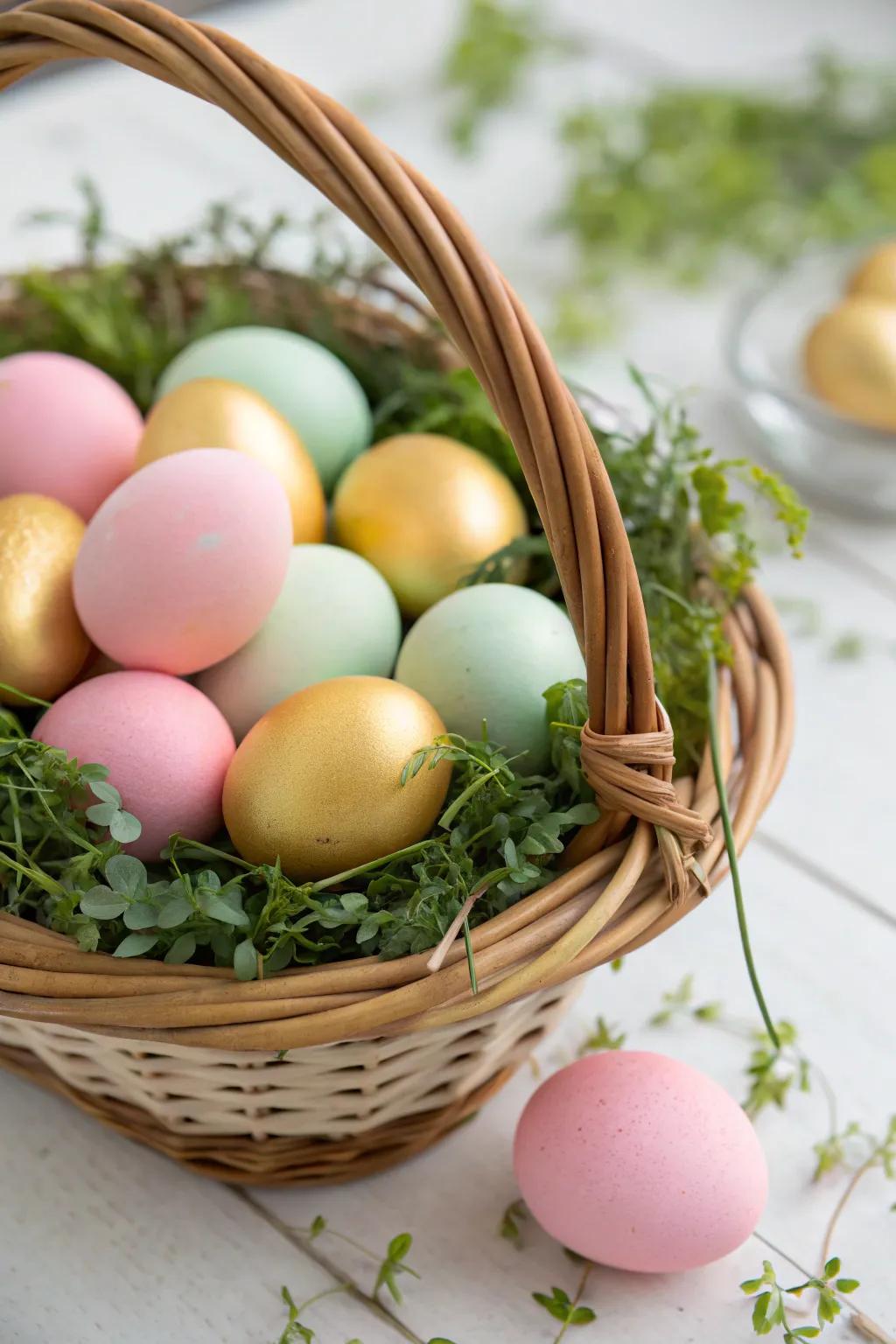 Gilded eggs distinguish themselves within a brightly colored, soft-toned container.