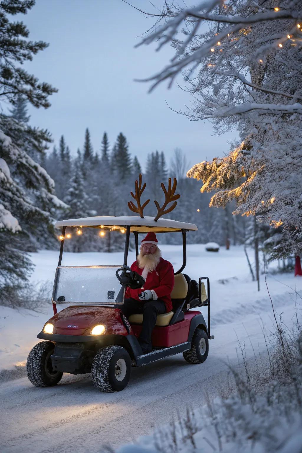 A Santa's sleigh-inspired golf cart, primed to spread holiday joy.
