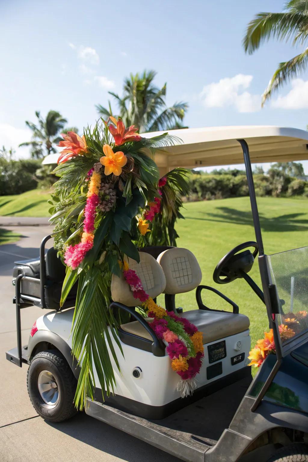 Transport the essence of the tropics onto your golf cart through vibrant decorations.