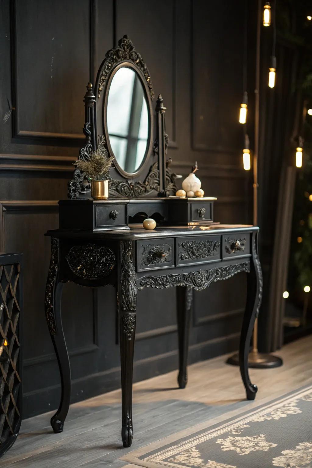 An old black vanity featuring elaborate carvings fashions a theatrical center of attention.