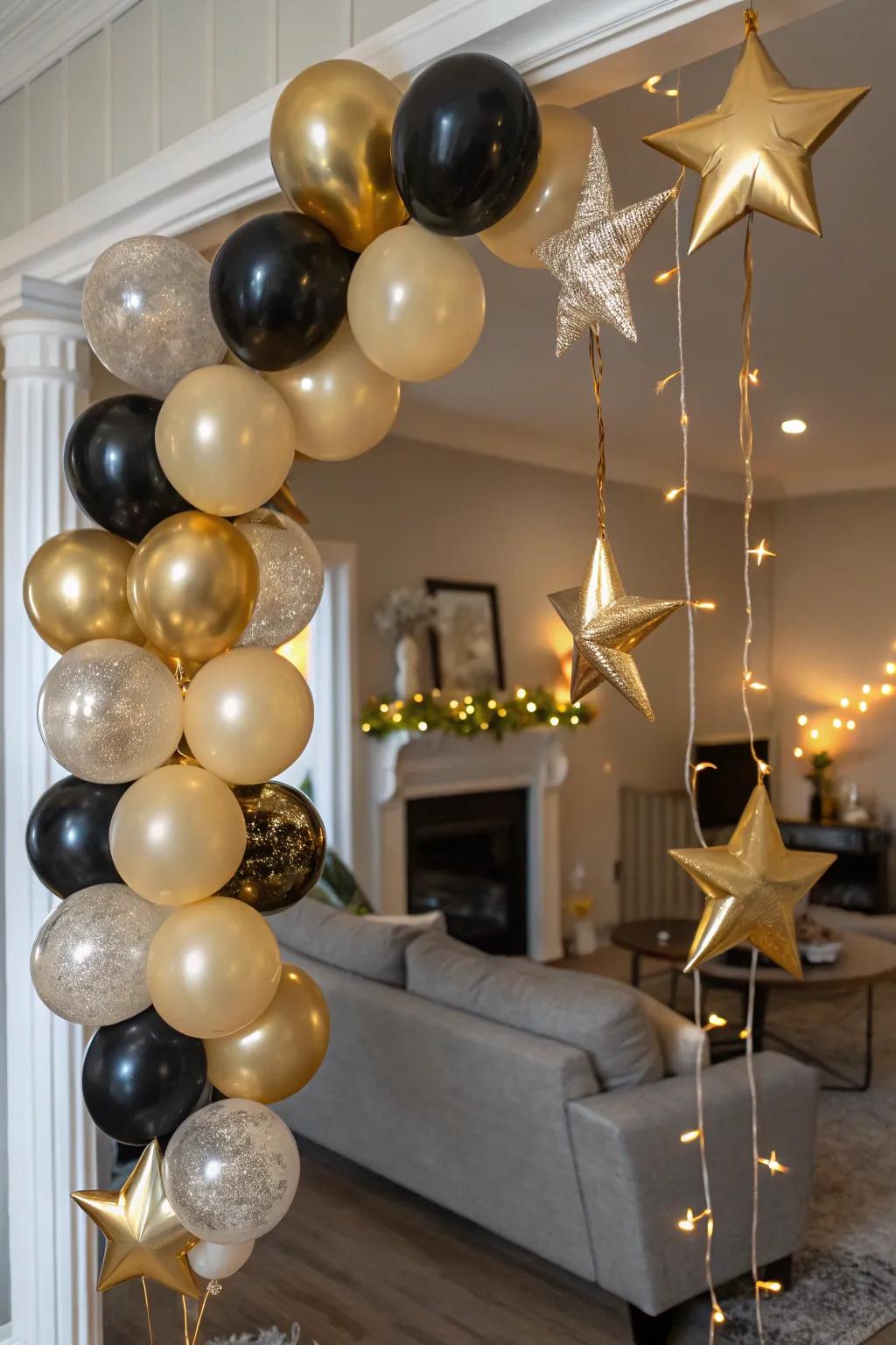Classic sophistication showcased with a charcoal and gold balloon garland.
