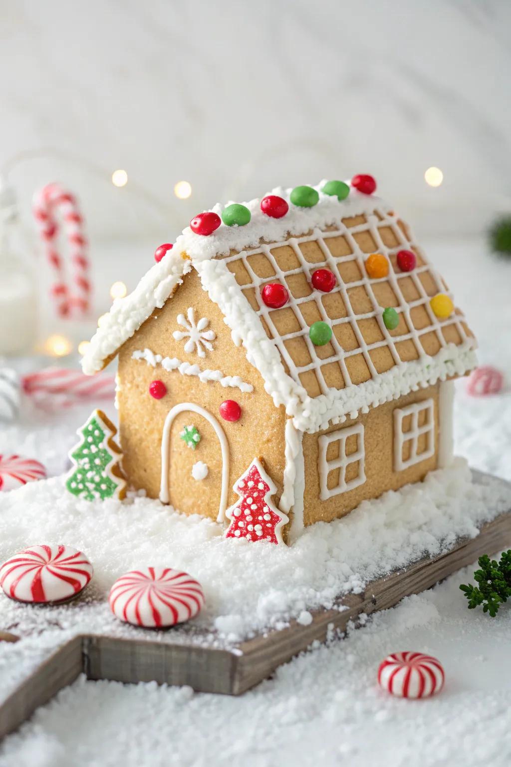 Classic cottage gingerbread house with a traditional candy touch.
