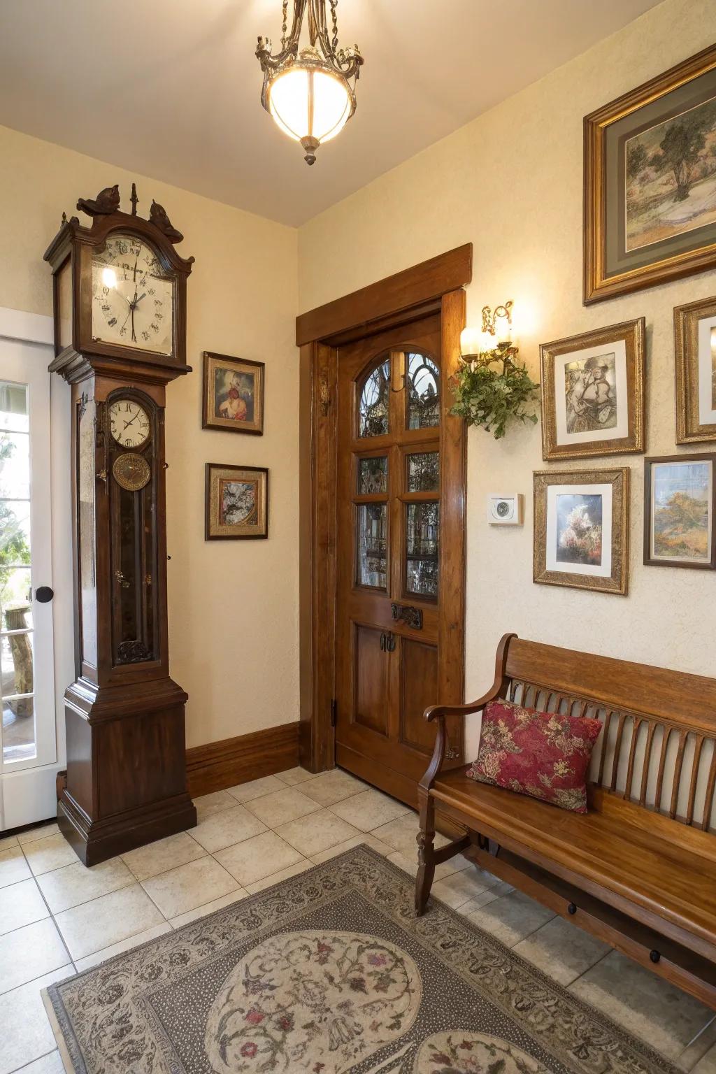 A time-honored sentinel transmutes a plain vestibule into a stylish greeting space.