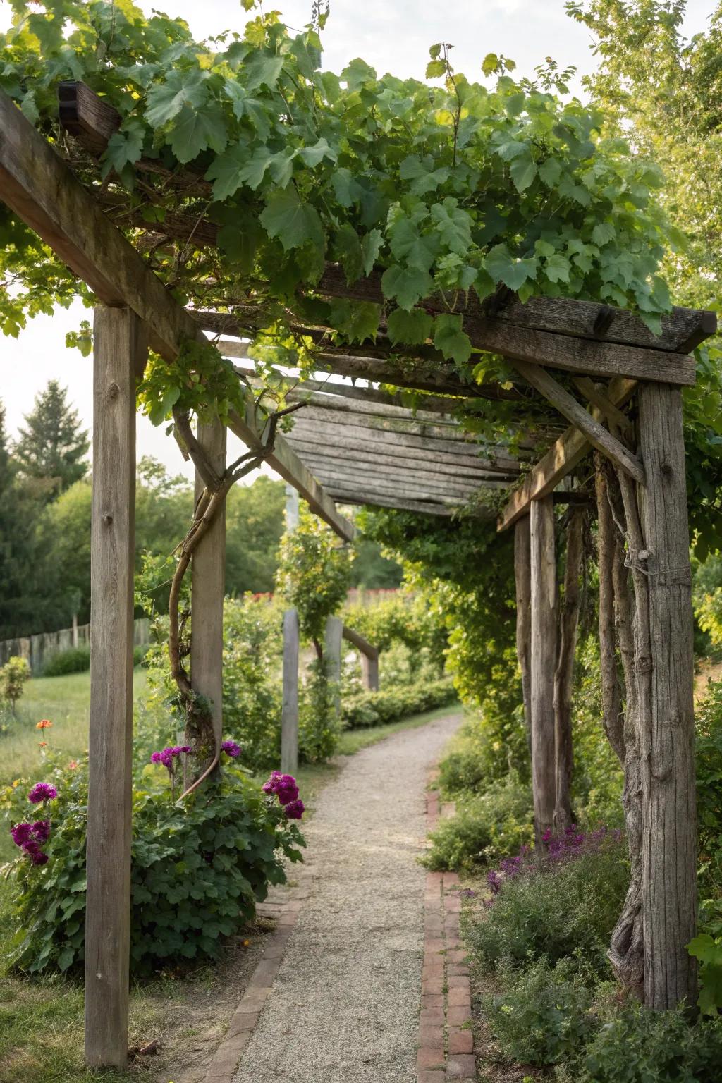 A classic wooden trellis enriches your grapevines with an organic charm.
