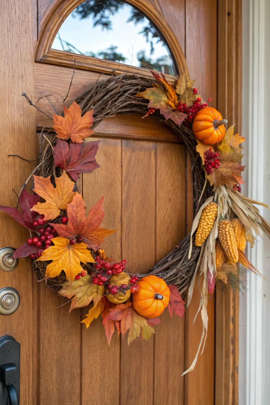 A fall-inspired grapevine wreath showcasing pumpkins and leaves.