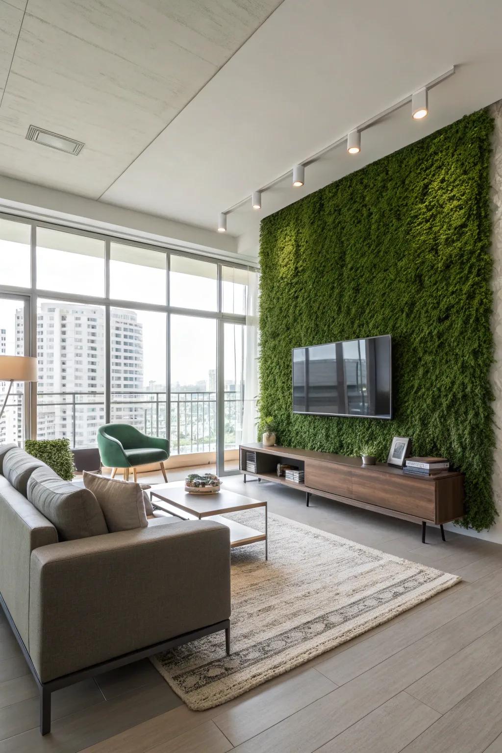 A contemporary living area showcases a sizable verdant wall, fashioning an abundant indoor refuge.