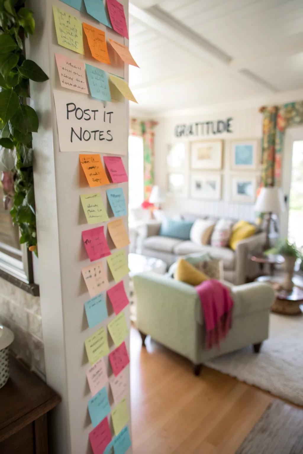 A lively wall of thankfulness showcasing an array of colorful adhesive notes.