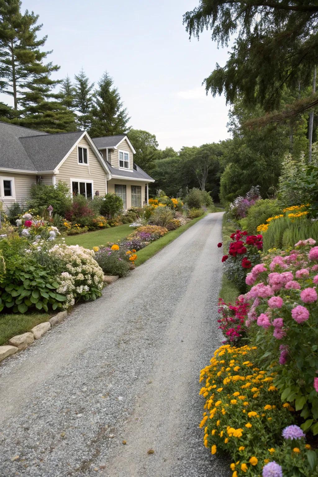 Gravel driveway adorned with radiant floral borders.