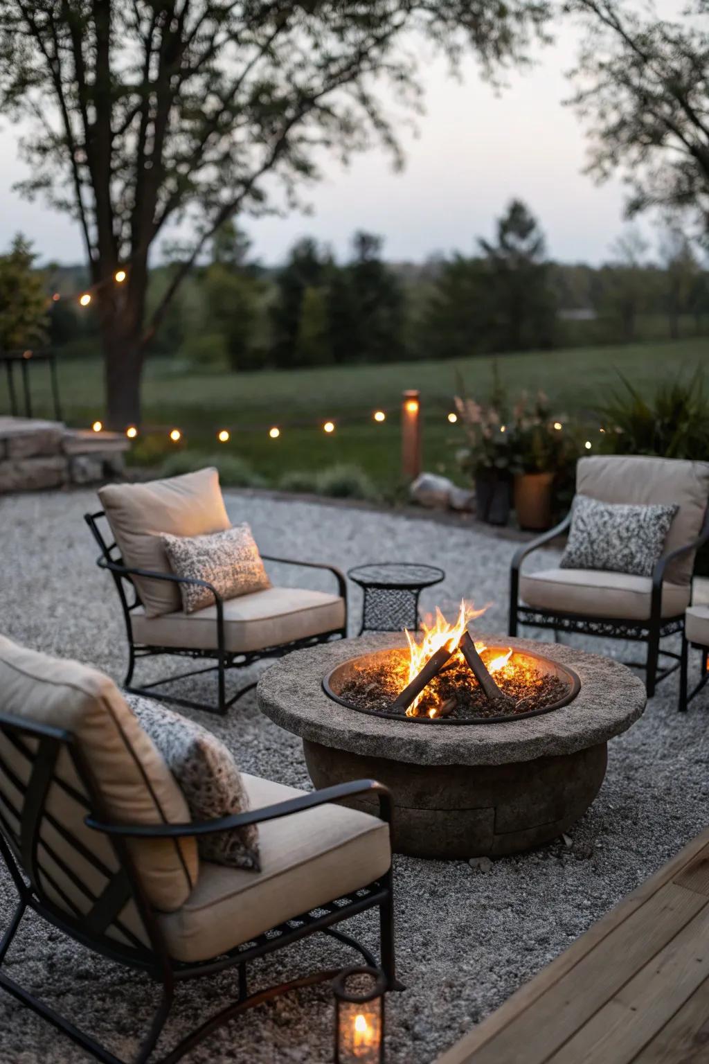 A gravel patio centered around a fire pit, surrounded by comfortable seating.