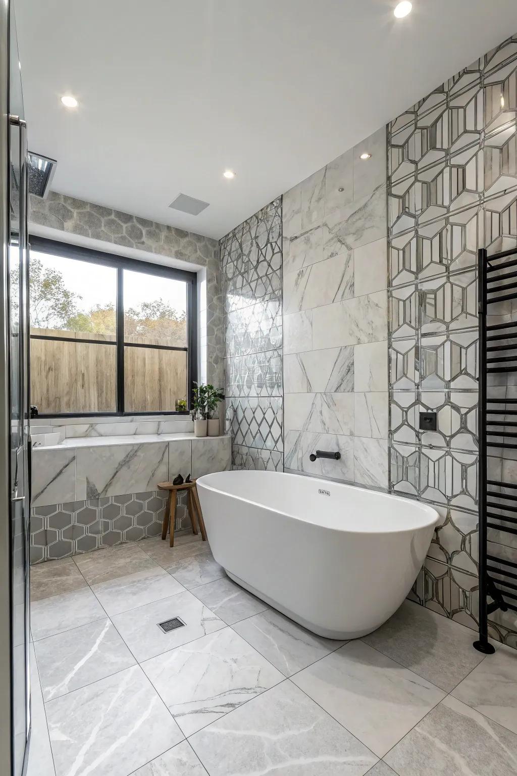 Gray and white marble tiles bring an element of refinement to this lavatory.
