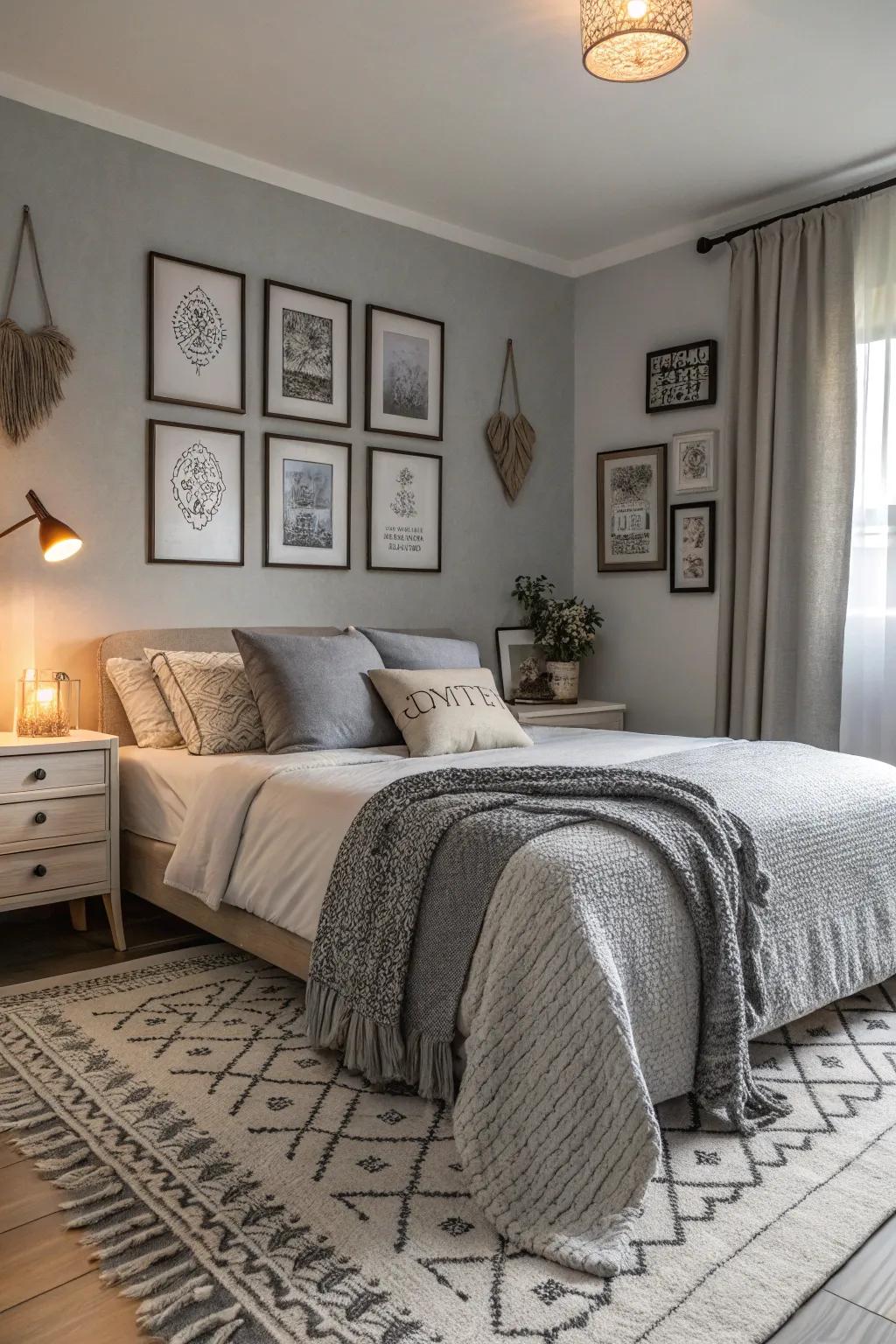 A bedroom showcasing layered shades of gray, creating an embracing and deep ambiance.