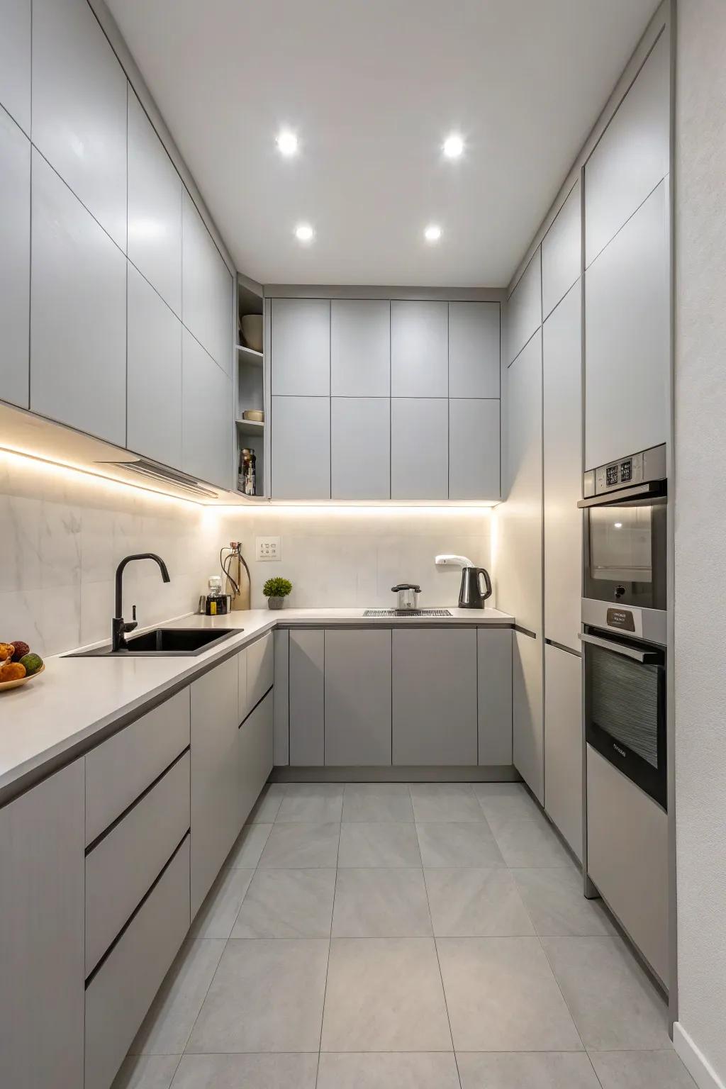 A minimalist kitchen design showcasing the sleek appeal of gray cabinetry.