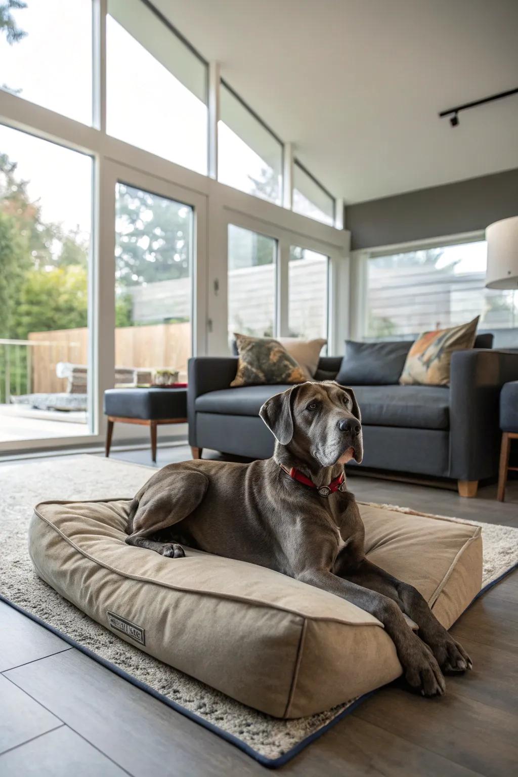 A generous oversized pillow creates a stylish and comfortable bed for your Great Dane.