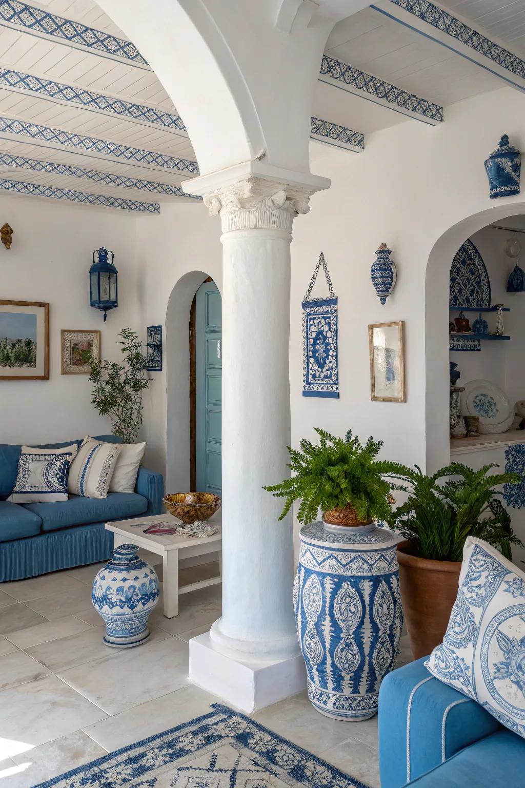 The quintessential blue and white theme establishes a peaceful and welcoming ambiance.
