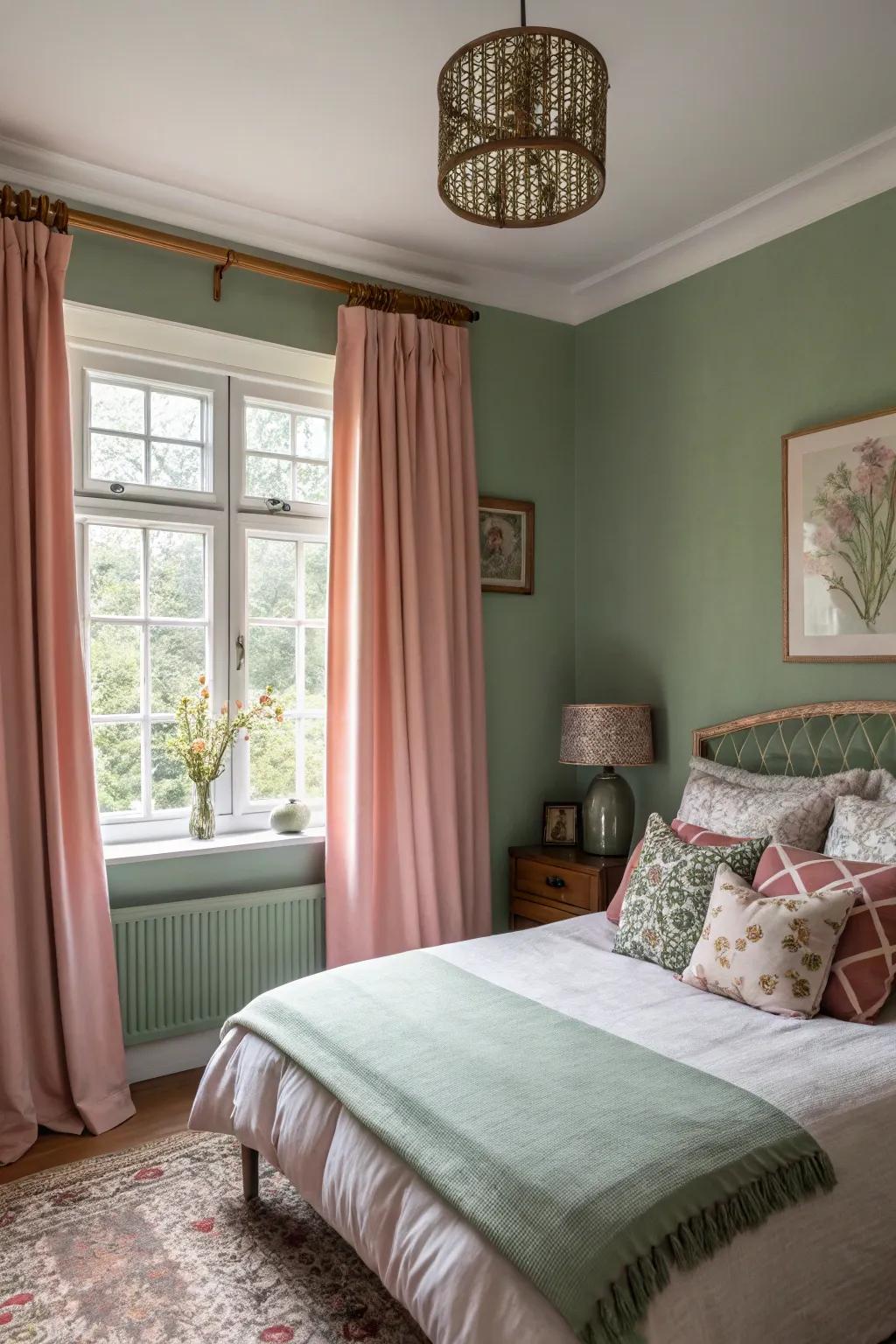 Sage green and blush pink create a serene and inviting atmosphere.