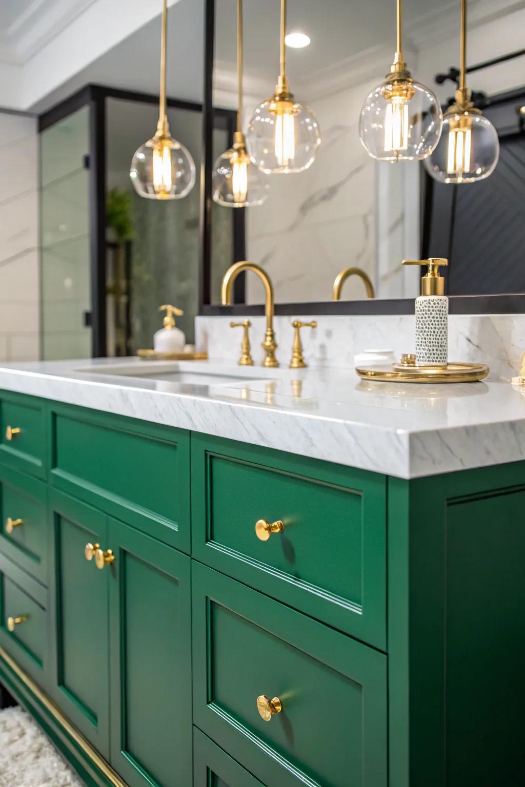 An emerald green vanity complemented by luxurious gold fixtures.