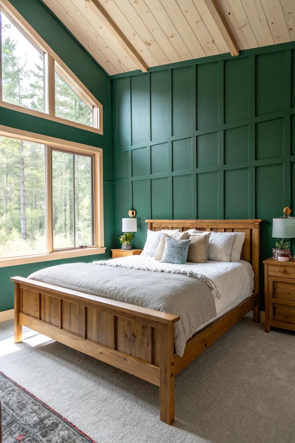 A striking deep green statement wall offers a dramatic setting for this calm bedroom.