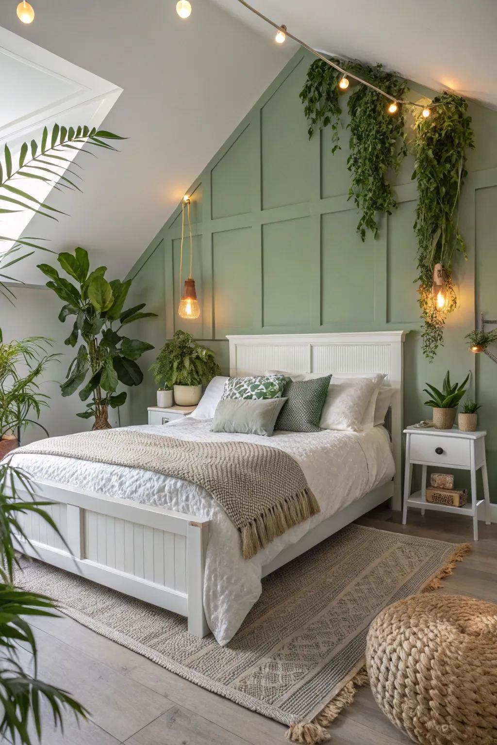 In this comfortable bedroom, a sage green accent wall creates a tranquil atmosphere.