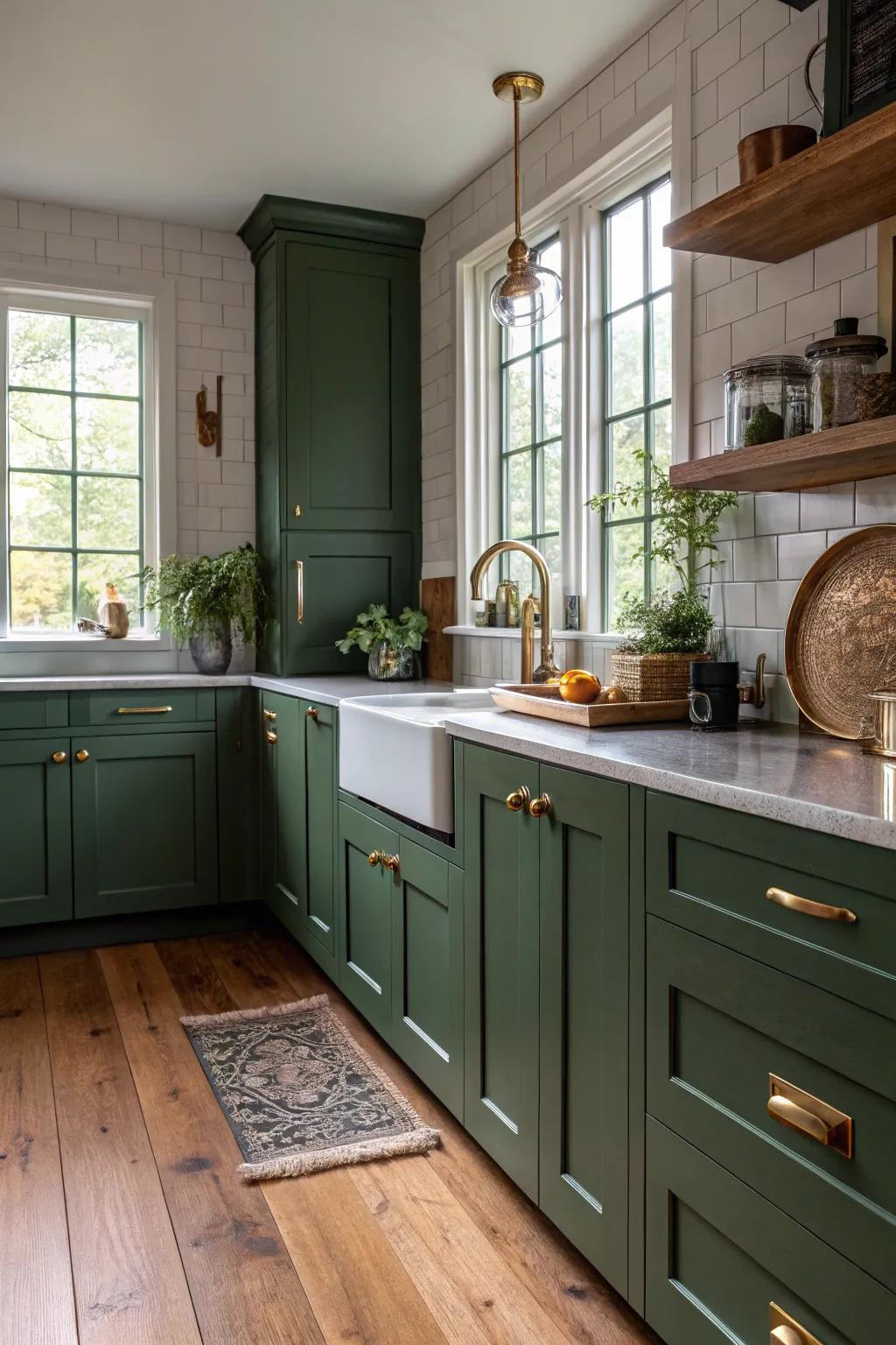 Refined kitchen featuring deep evergreen cabinets and copper highlights.