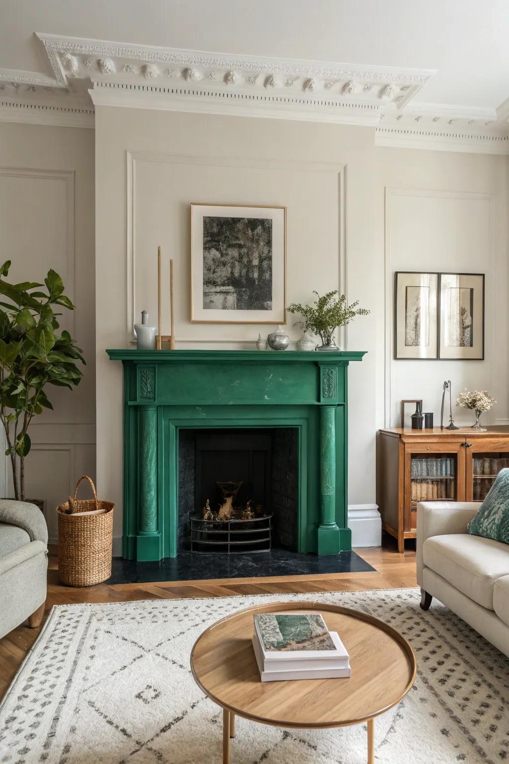 A striking forest green fireplace surround set against a minimalist backdrop.