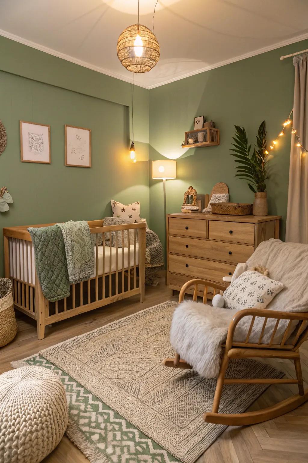 A peaceful fern green nursery complemented by wooden features.
