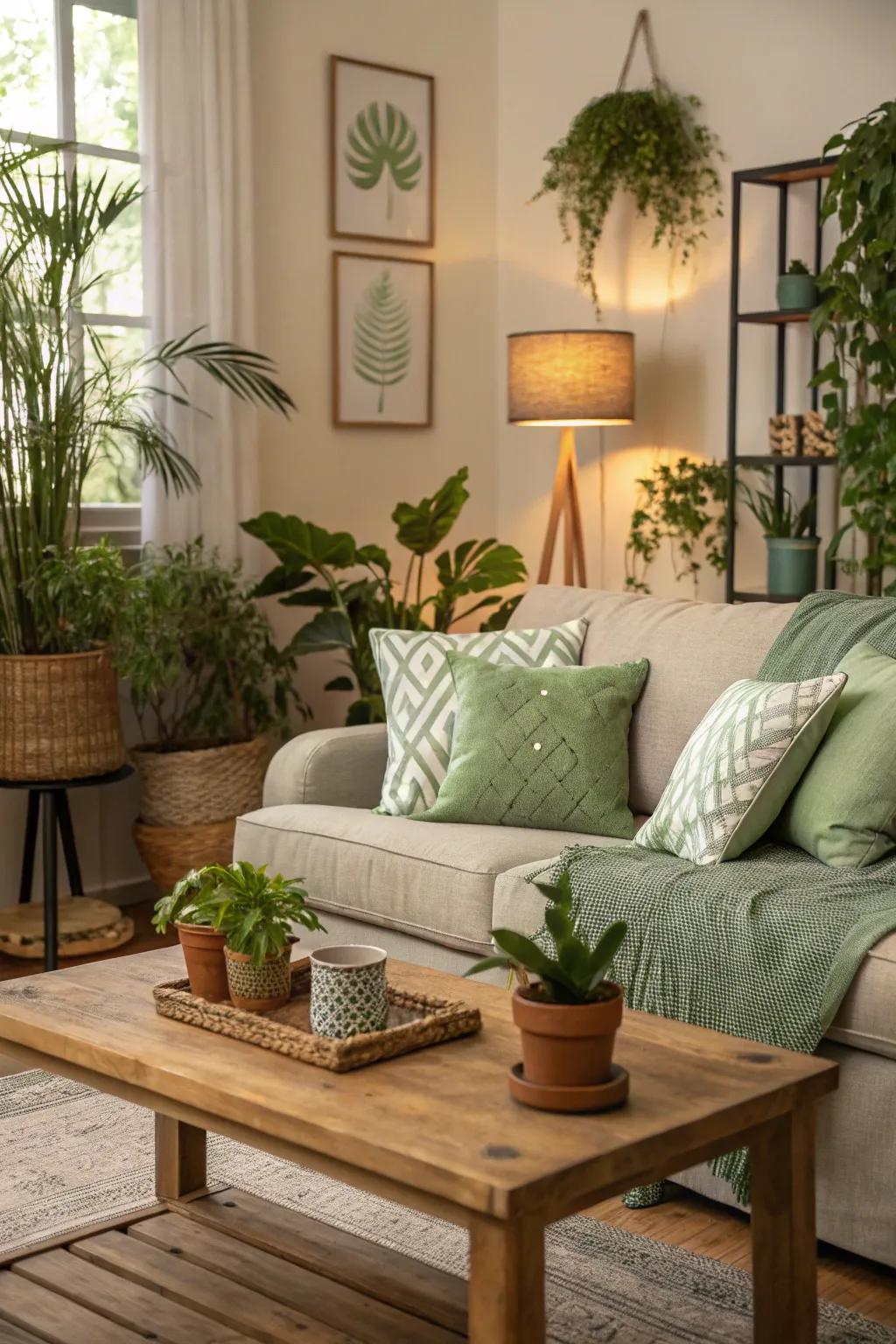 A comfortable living room featuring a lush green theme.