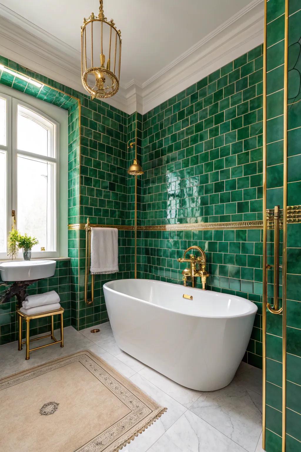 Emerald green tiles add a touch of luxury to your bathroom.