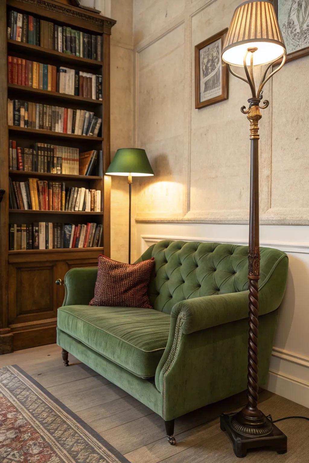 A cozy reading nook centered around an emerald plush sofa, ideal for unwinding.
