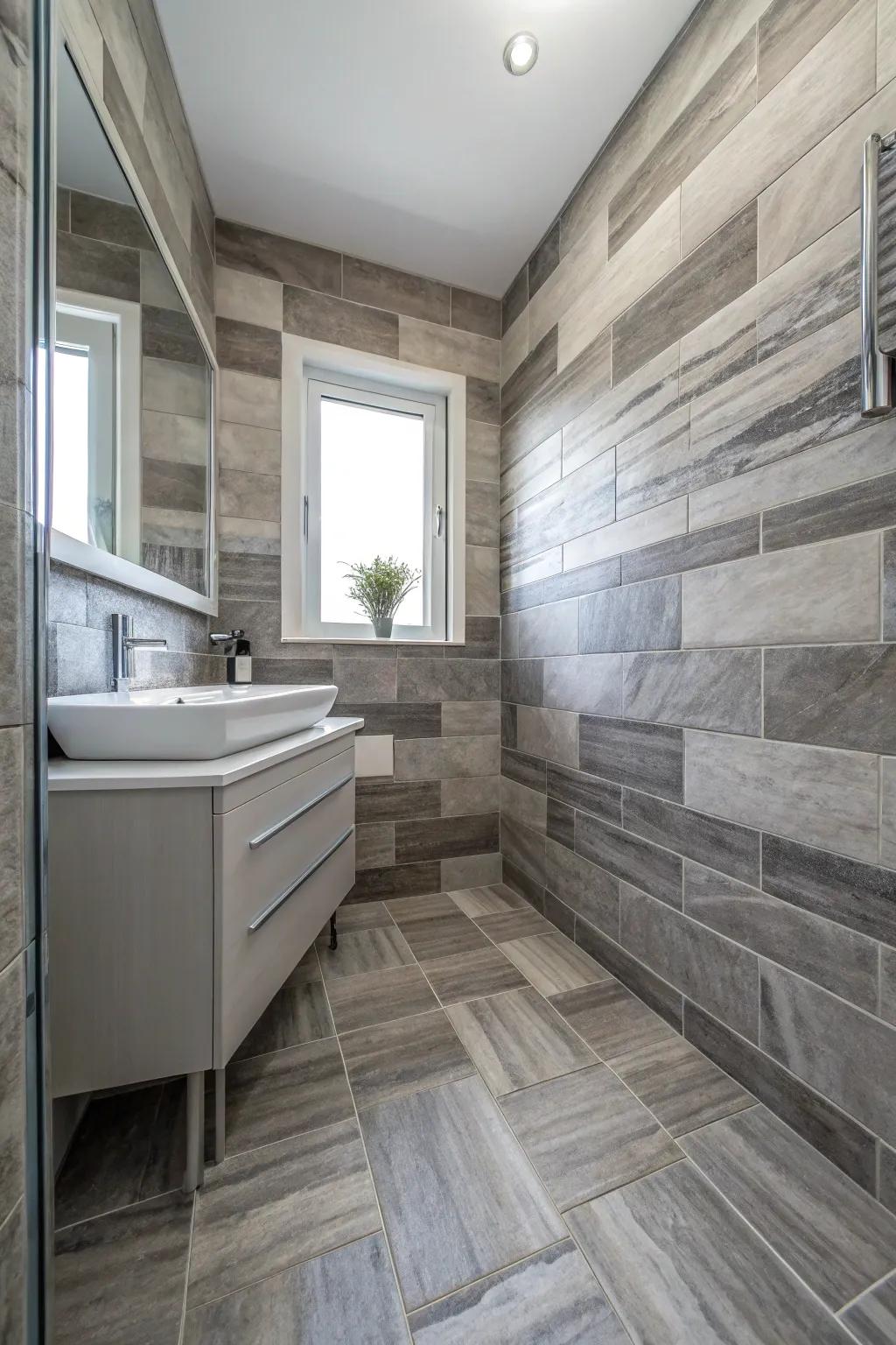 A harmonious blend of light and dark grey tiles creates a stunning visual effect.
