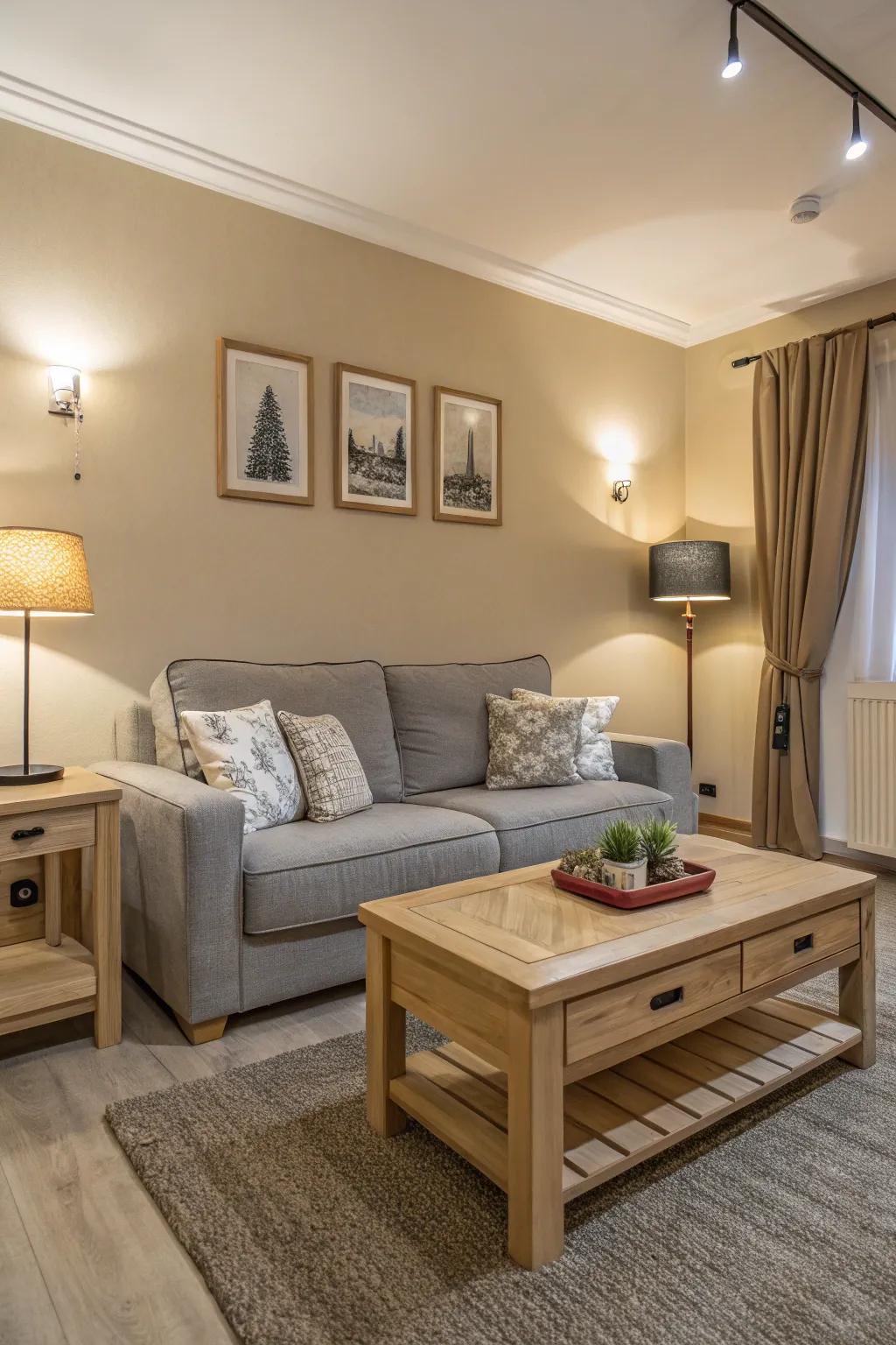 A serene living area featuring a grey sofa and calming neutral shades.