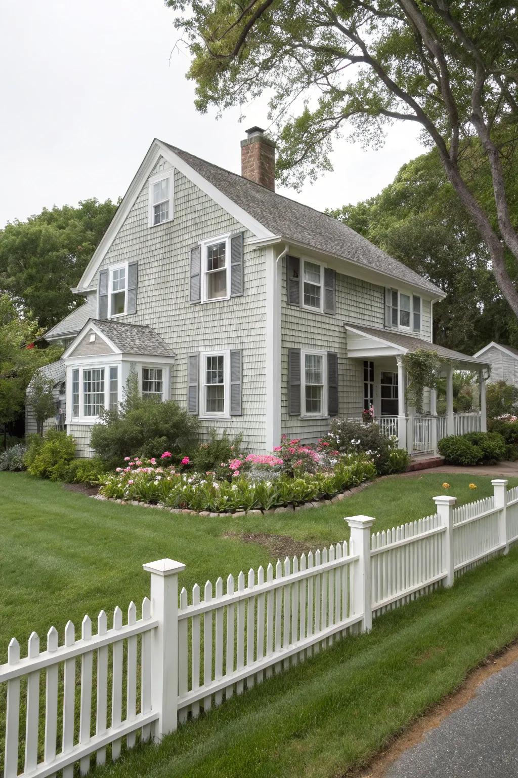 A light grey tone blended with white trim produces a timeless and welcoming facade.