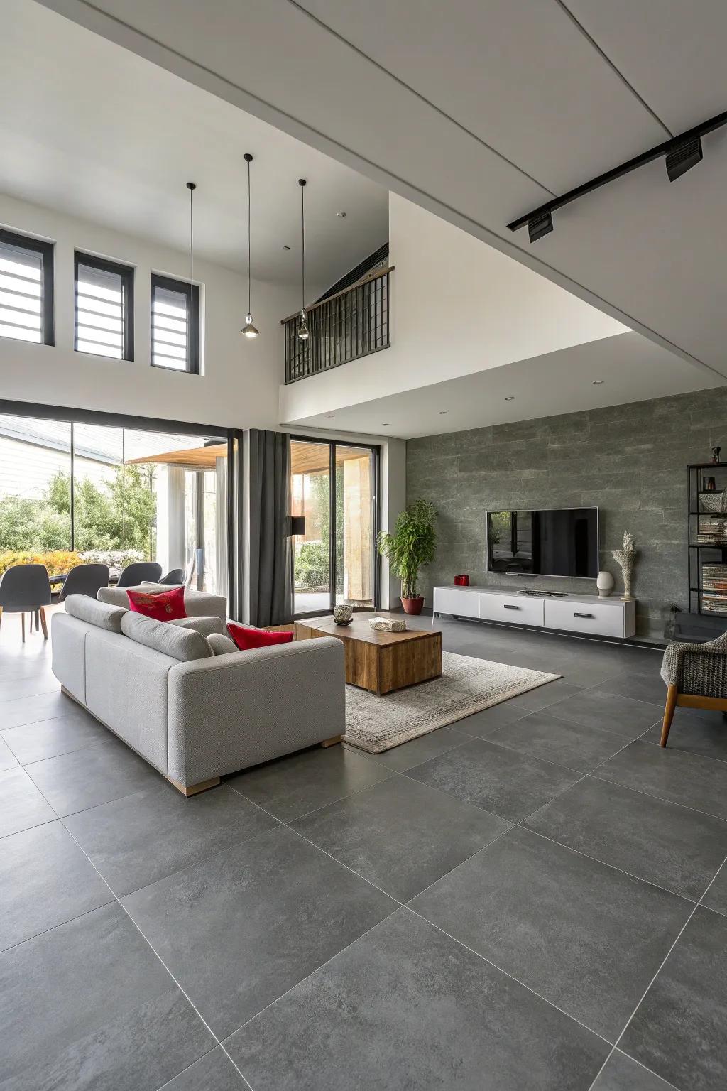 Large grey tiles enhance the spacious atmosphere of this modern living area.