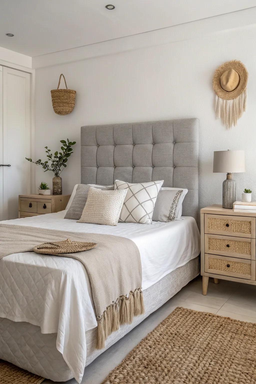 A minimalist bedroom featuring a grey headboard and soft, neutral decor for a calming ambiance.