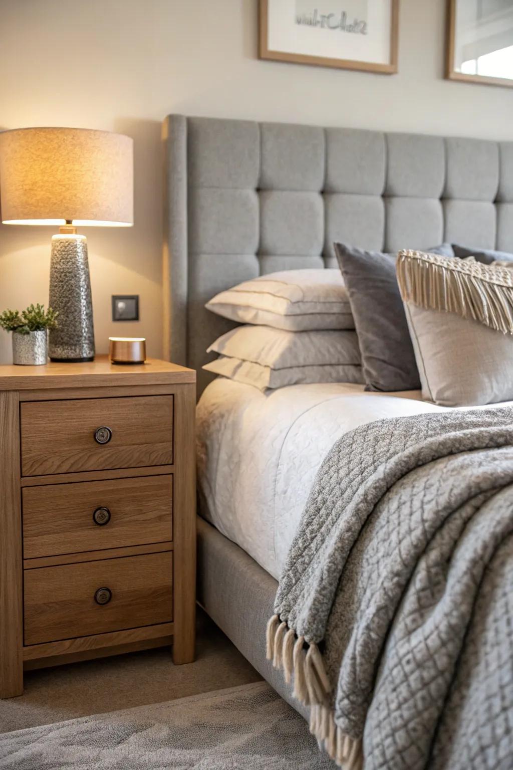 Achieve balanced textures with grey furniture for an inviting bedroom ambiance.