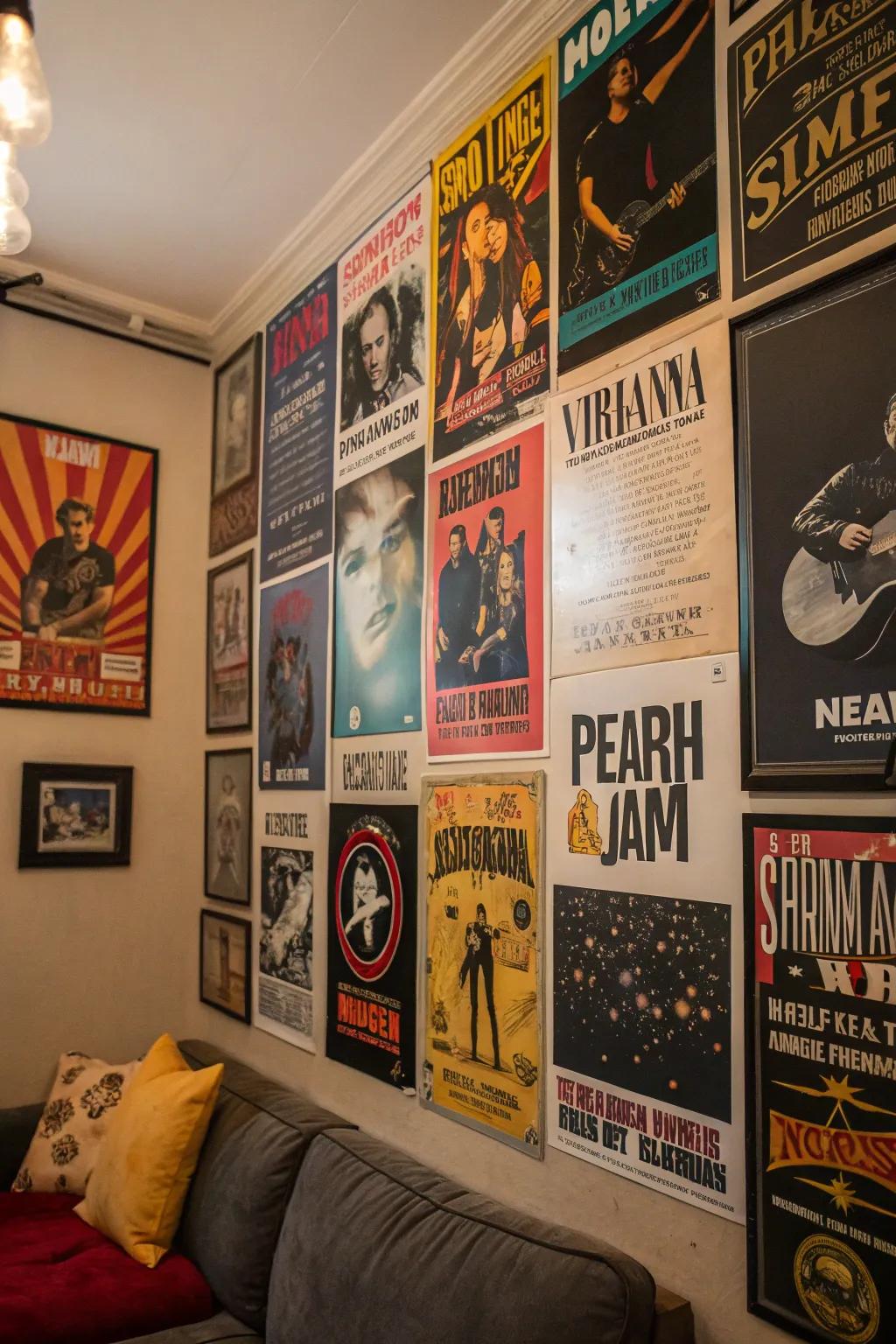 A wall bursting with iconic band images immediately injects character and an edgy spirit.