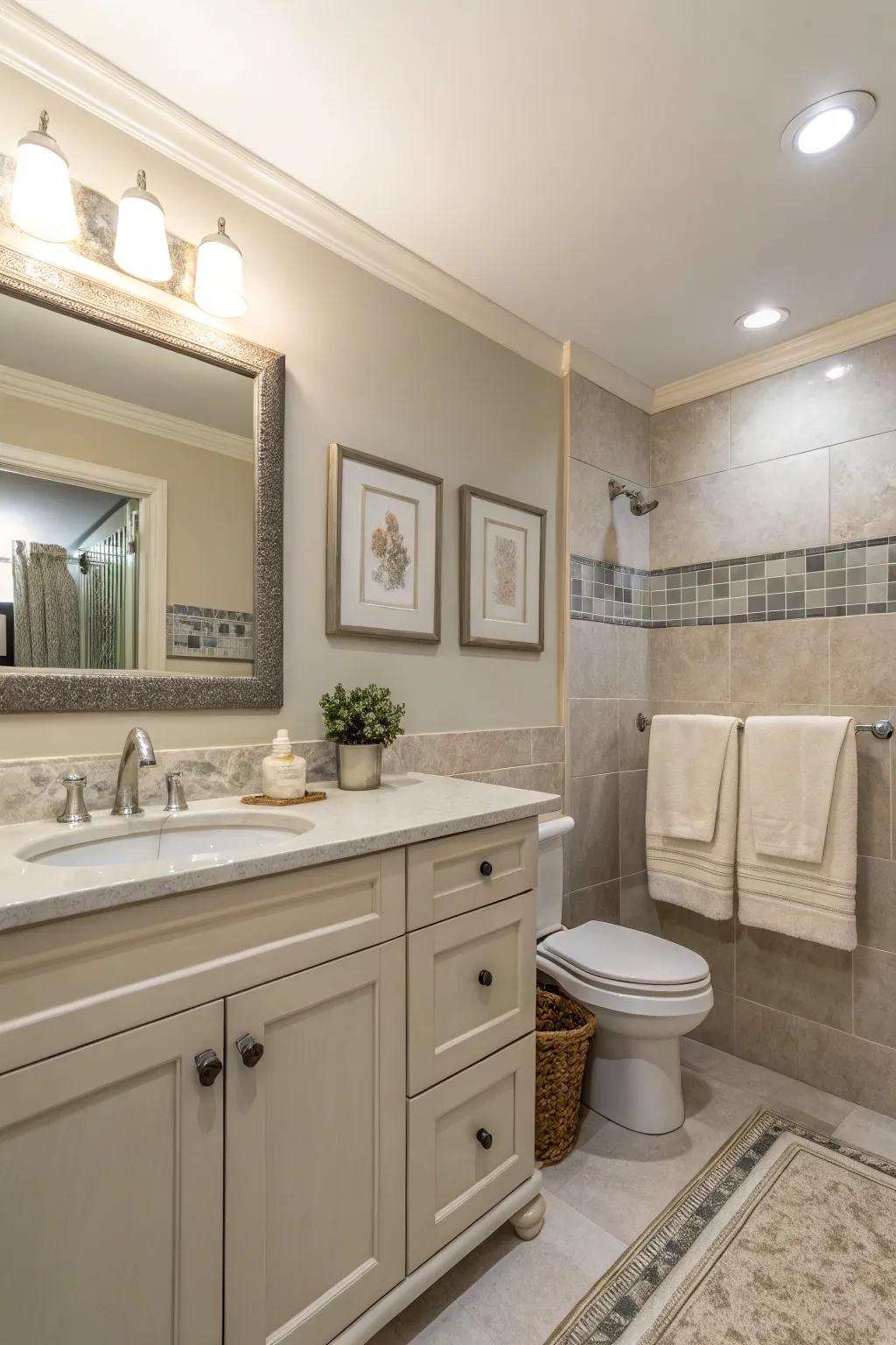 A guest bathroom showcasing a soothing neutral palette with gentle beige and gray shades.