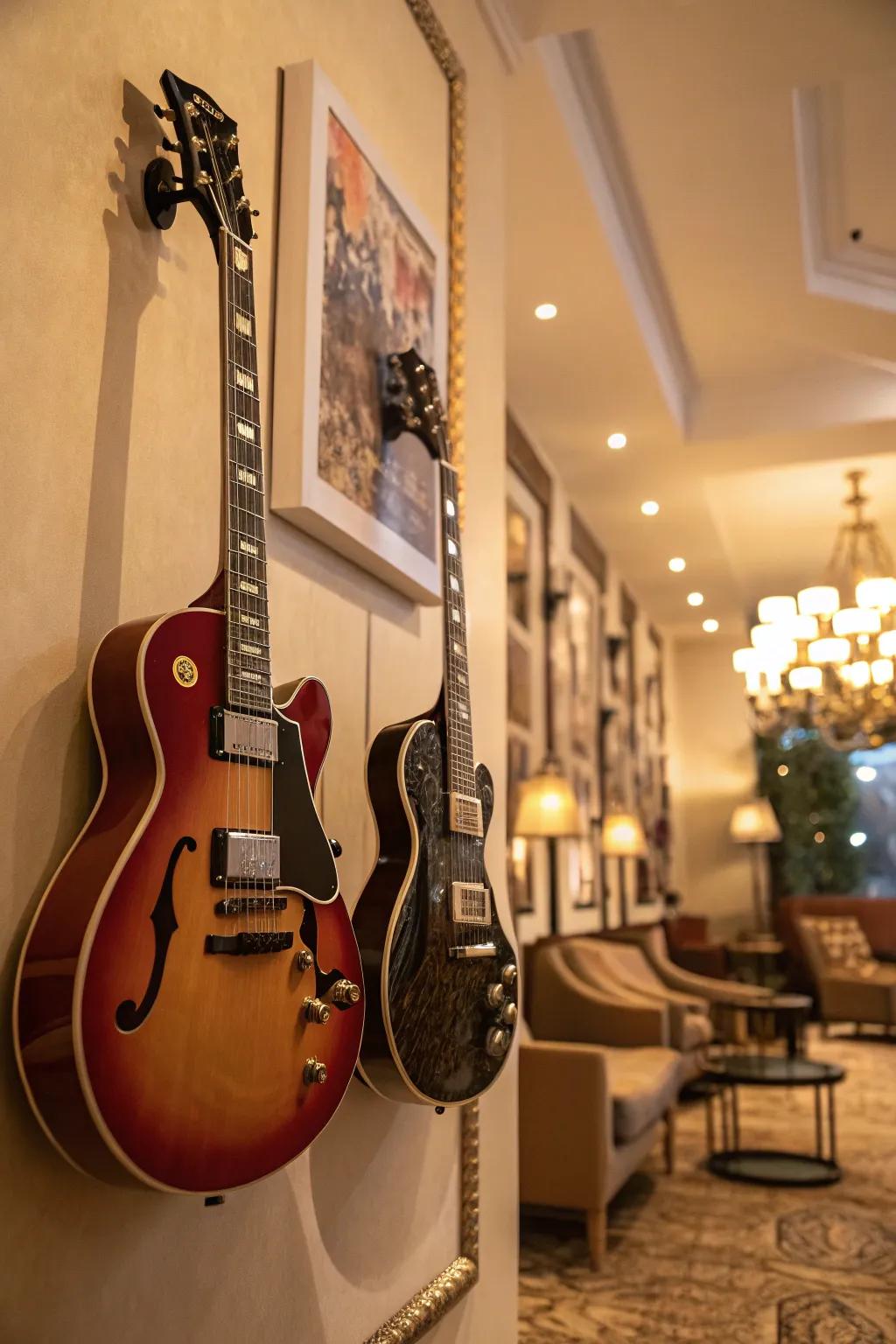 Guitars displayed beautifully on the wall—a fusion of utility and artistic expression.