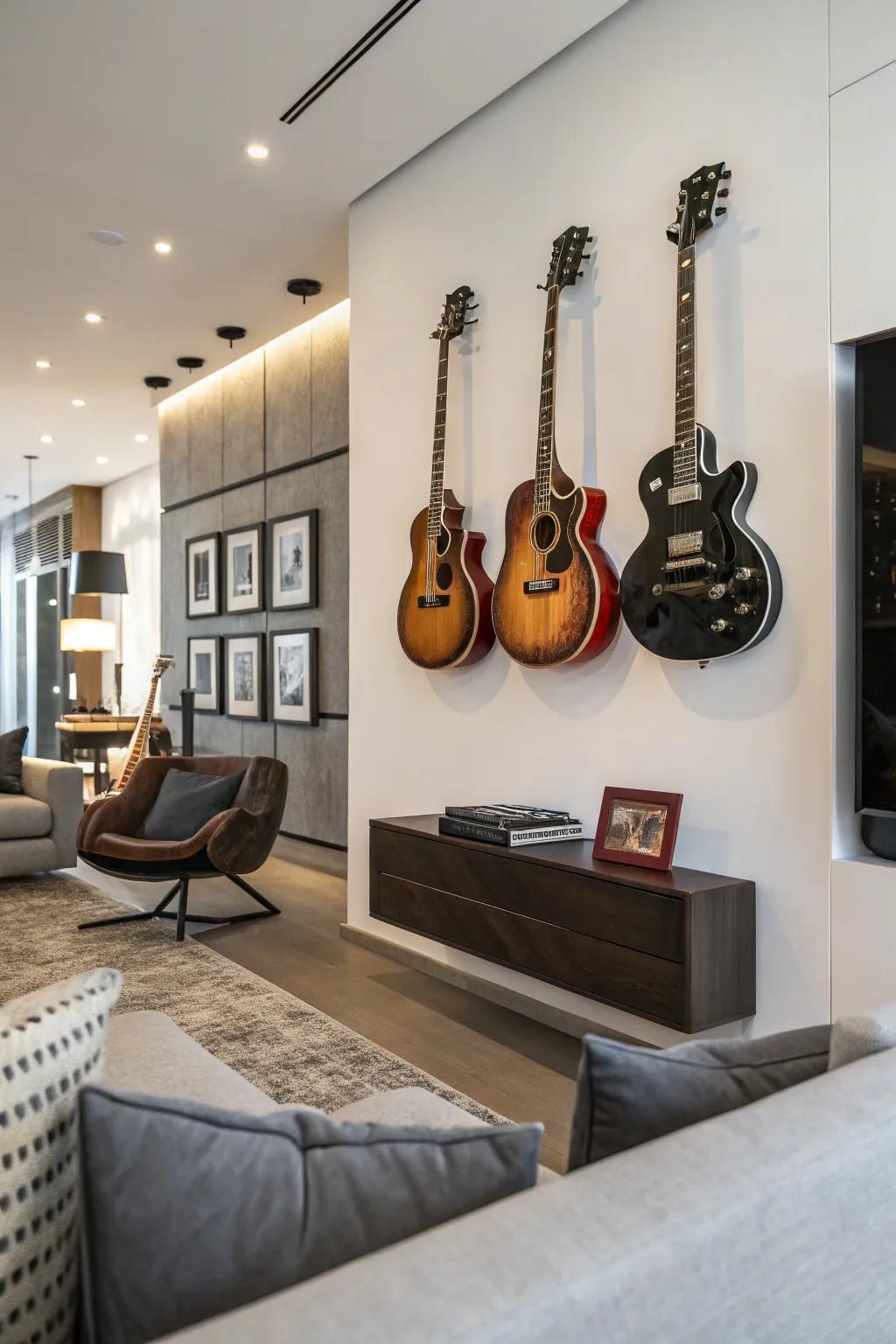 Vertical arrangement of guitars in a modern living room setting.
