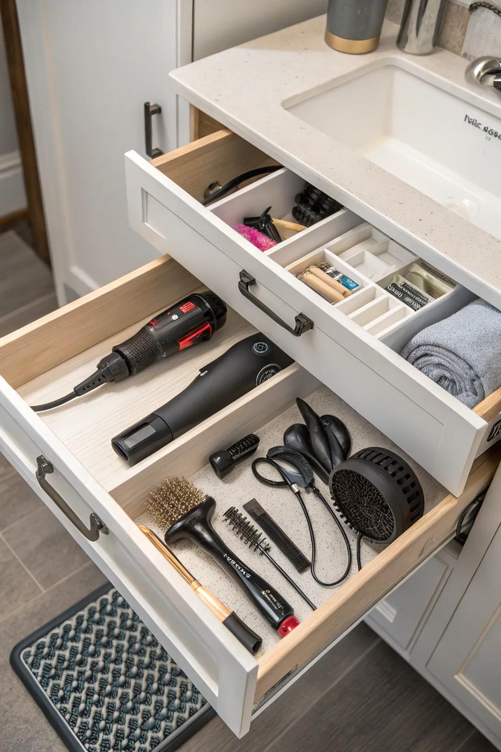 Maximize under-sink storage with dedicated compartments for hair tools.