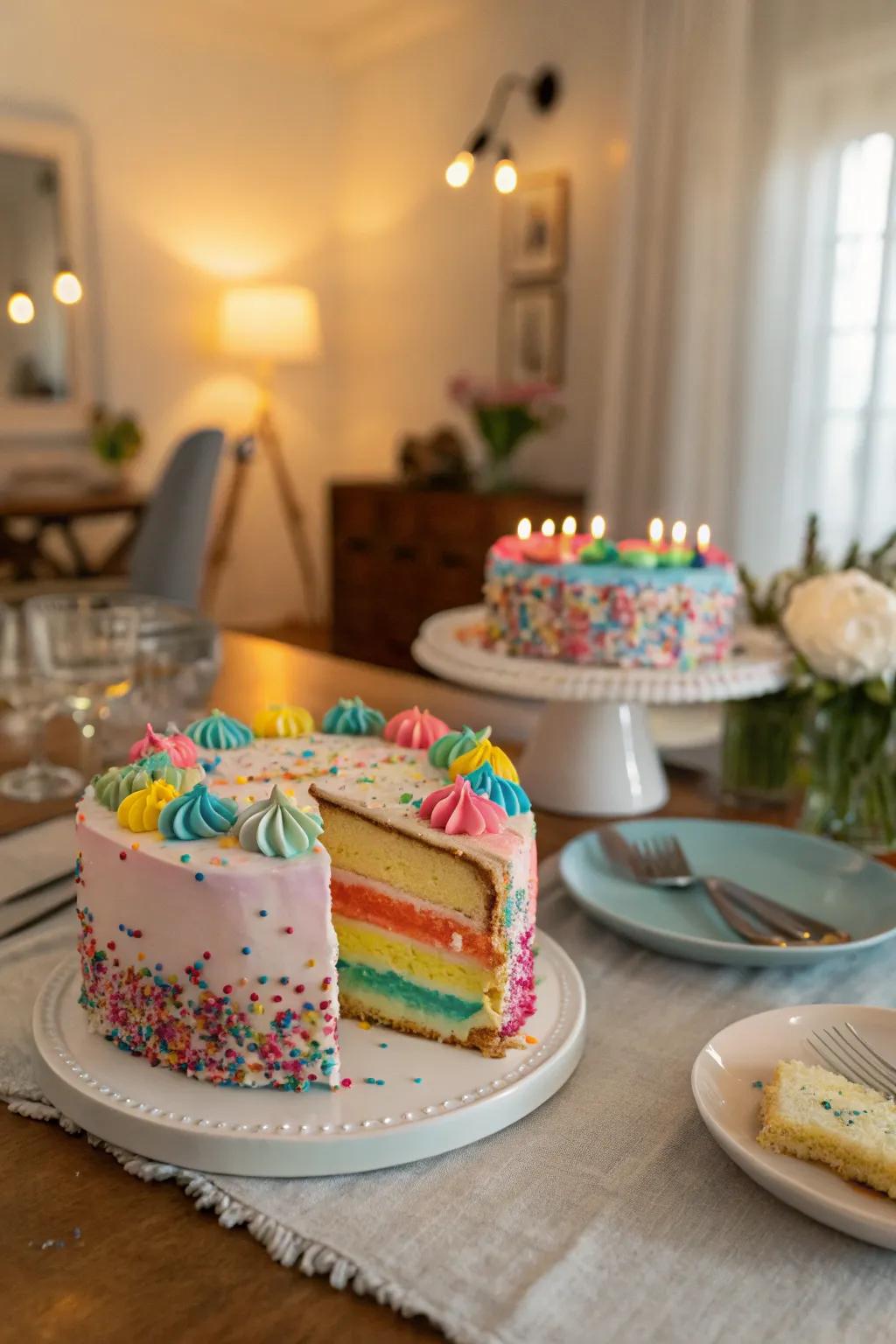 An enchanting split cake decorated with vibrant icing and sprinkles, ideal for marking a half birthday.