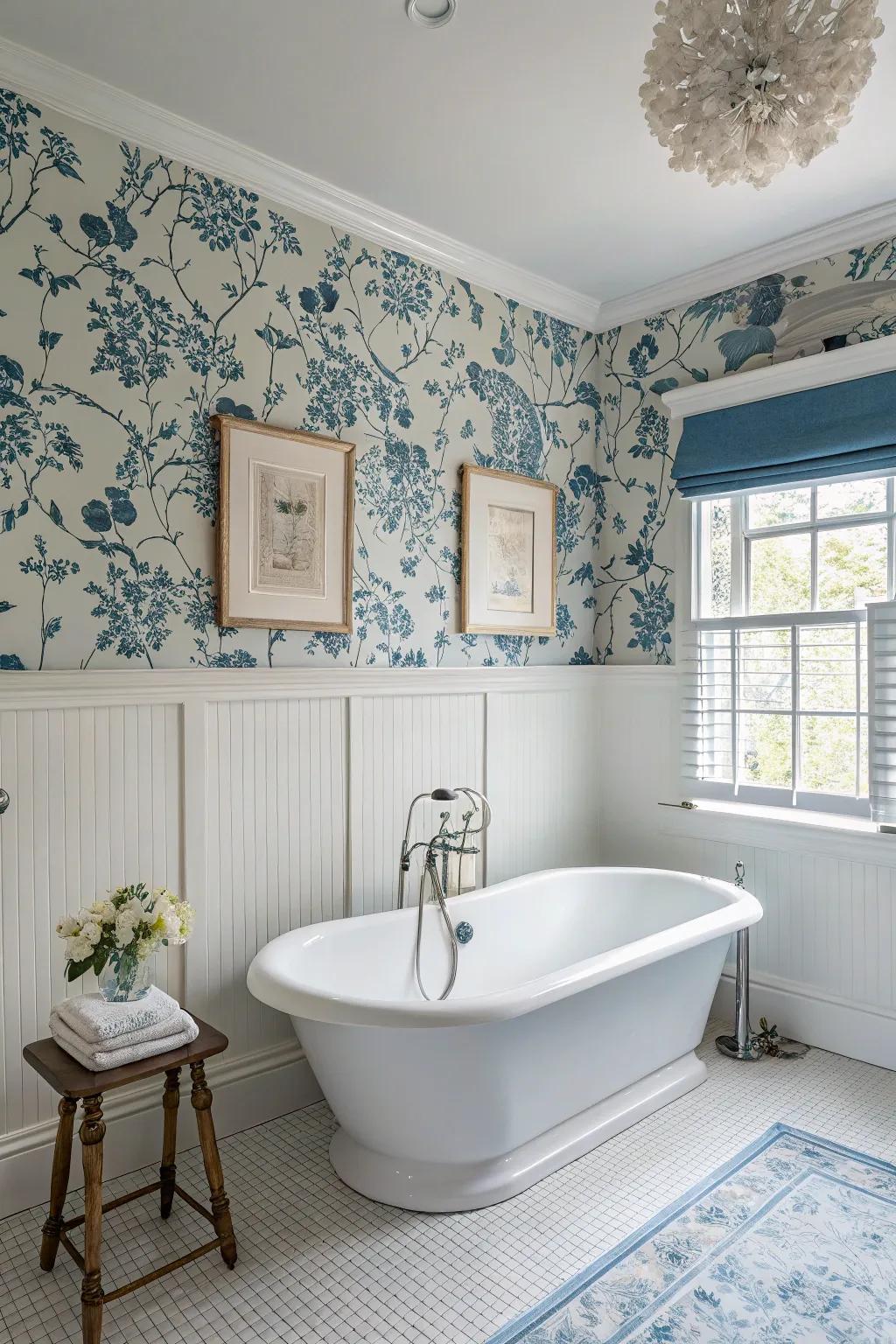 A soothing bathroom design with blue floral wallpaper and white paint, creating a relaxing atmosphere.