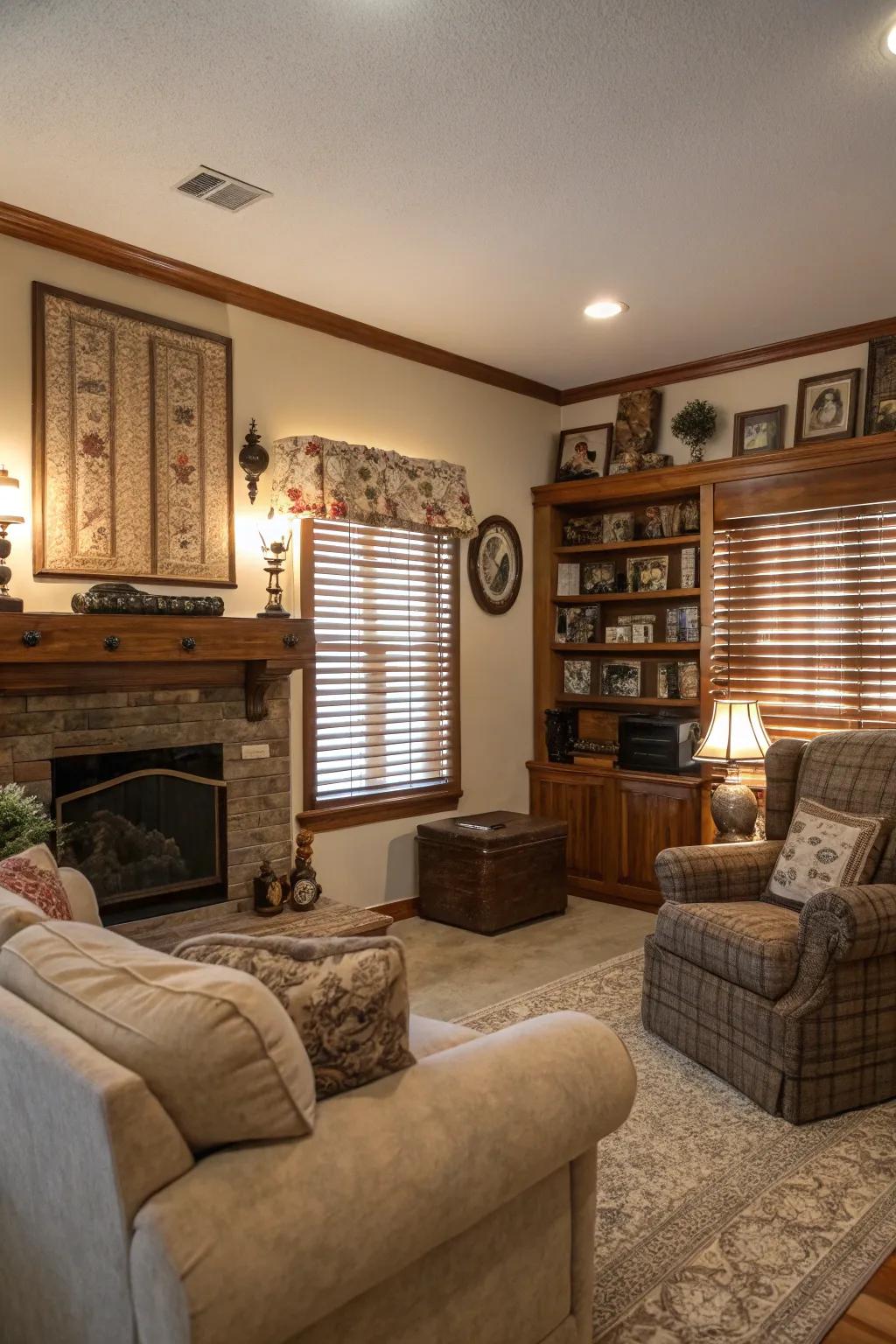 A welcoming living room featuring timeless wooden half window coverings.