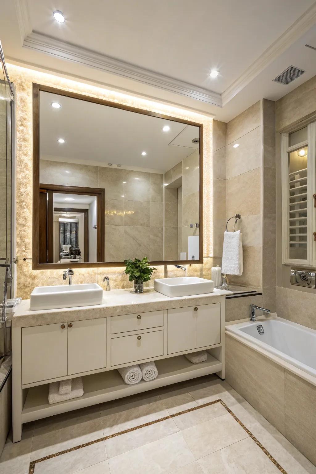 A hall bathroom with a bright and neutral color scheme that feels open and welcoming.