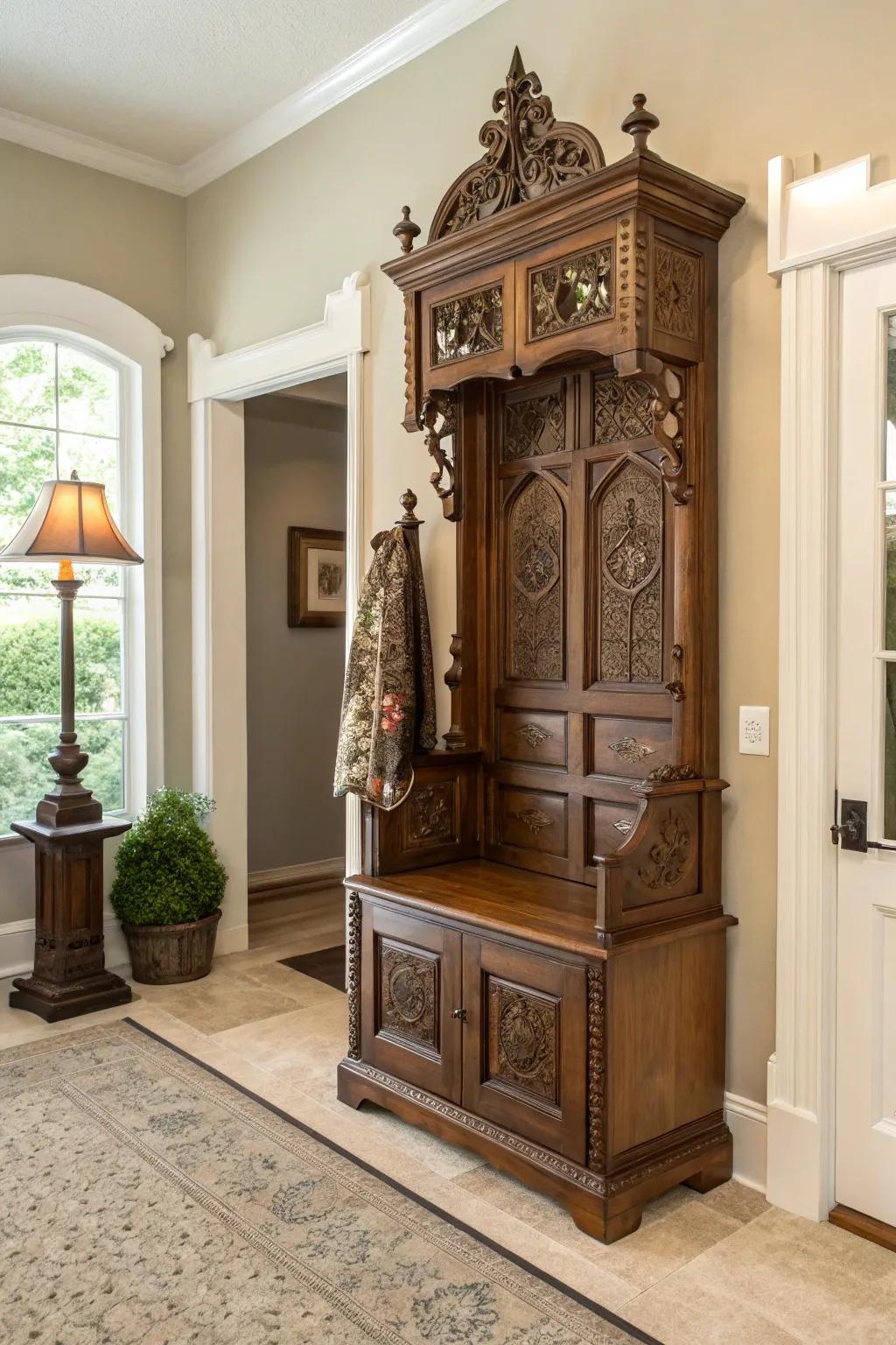 A traditional wooden hall tree introduces timeless elegance to your home.